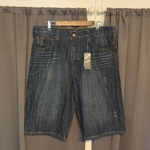 NWT COOGI Heritage Men's Dark Blue Jean Shorts Embroidery Patches Street Wear 38